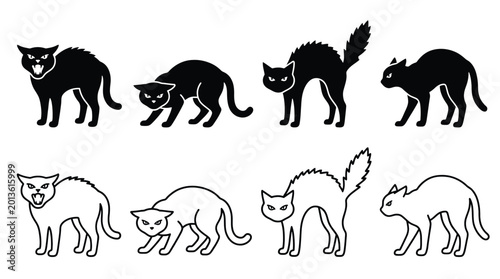 Sticker Set of black and white silhouettes of angry cats with arched backs and hissing e
