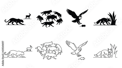 Quadro em tela Set of wild animals silhouettes and line art icons, including panther, deer, wol
