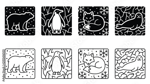 Fotografía Set of arctic animals icons, polar bear, penguin, arctic fox and seal, vector il
