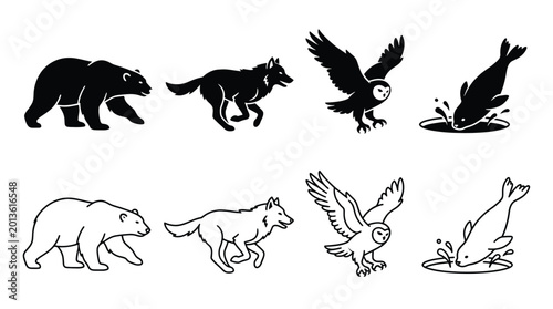 Canvas Print Set of wild animals silhouettes and line art icons, bear, wolf, owl and seal jum