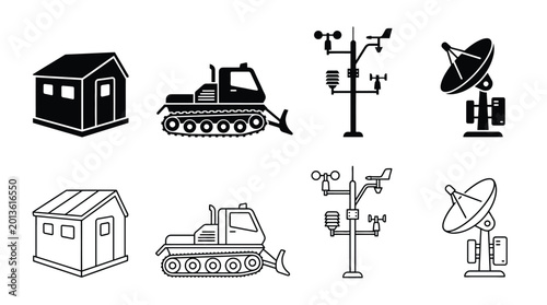 Tableau sur toile Set of icons representing arctic research station equipment including a small ca