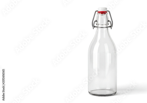 Isolated empty glass swing top bottle with red rubber seal, clear beverage container for bottling, rustic drink storage
