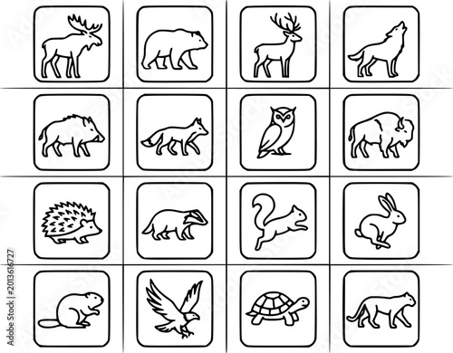 Photography Black and white line art icons of wild animals in grid format, nature and fauna