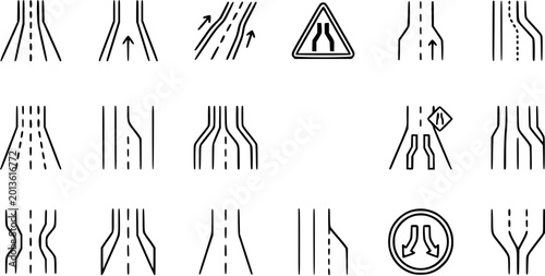 Tableau sur toile Black and White Line Art Icons of Road Narrowing and Widening, Traffic Signs, Ve