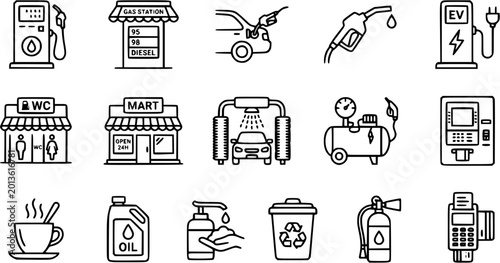 Принти на полотні Black and White Line Art Icons: Gas Station, Car Wash, EV Charger, Mart, WC, Oil