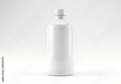 Isolated empty glossy white plastic bottle for liquid cosmetic or beverage packaging mockup, branding label template