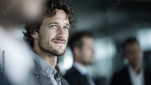 Business meeting with focus on a man with curly hair and blue eyes in an office setting during the day