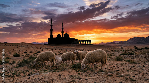 Desert evening with sheep grazing peacefully, a mosque silhouetted against a spectacular fiery sunset, blending nature and spirituality in a tranquil Middle Eastern scene