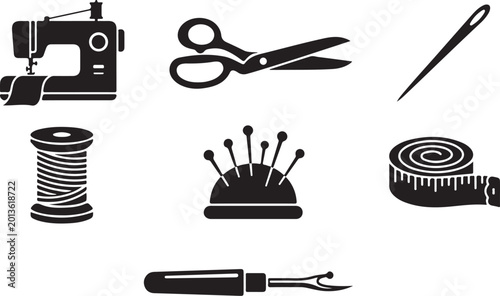 Sewing tools, icons, black, vector graphics, sewing machine, scissors, thread, buttons, tape measure, sewing kit, crafting, DIY, isolated