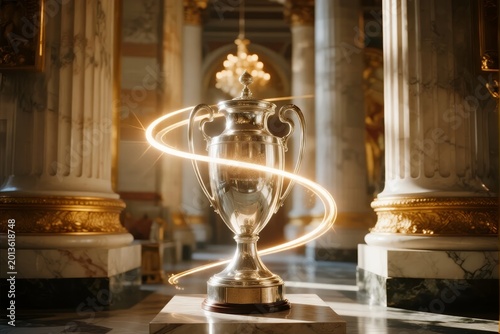 A gleaming silver trophy with glowing light trails displayed in a grand, columned hall with ornate architecture and chandeliers.