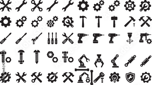 Industrial tools icons, mechanical symbols set, black silhouette equipment illustrations, 40 tool graphics