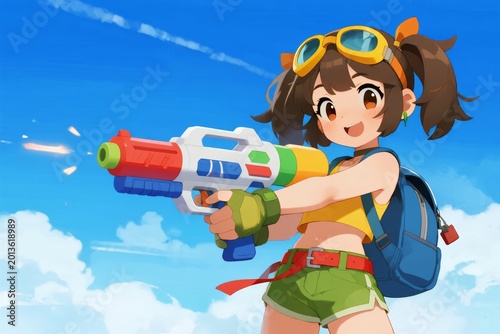 A cheerful girl in outdoor attire aims a colorful water gun against a bright blue sky with clouds.