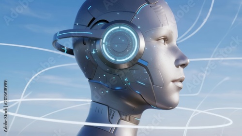 Profile view of a humanoid robot wearing futuristic headphones with glowing blue interface elements against a digital sky background