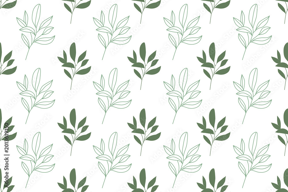 Fototapeta premium Modern Sage Green Leaves Seamless Vector Pattern with Line Art and Solid Botanicals. 