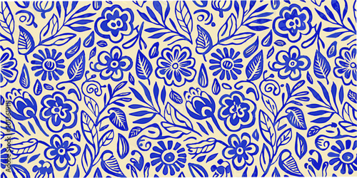 Photos Blue floral pattern seamless repeating design with stylized blossoms