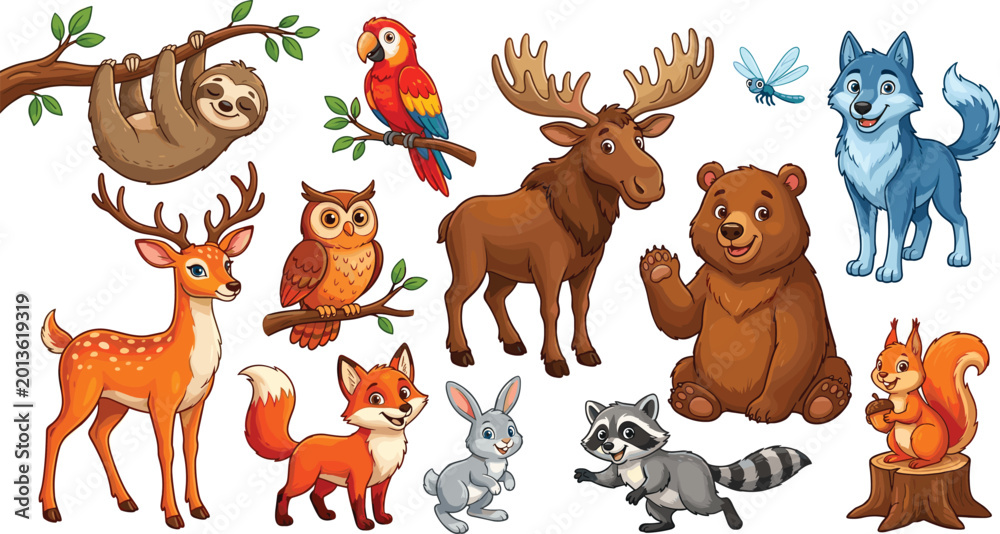 Obraz premium Adorable Woodland and Tropical Animal Vector Set Featuring Bear, Moose, Deer, Wolf, Fox, Sloth, and Parrot for Children's Educational Books and Nature Themed Designs