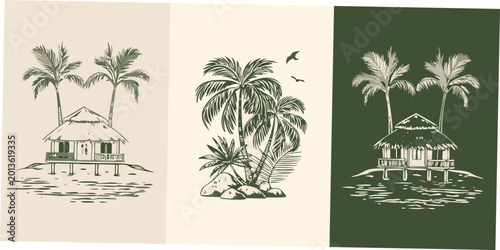 Foto Tropical palm tree and hut sketch triptych with neutral backgrounds