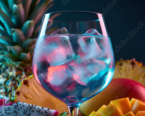 Colorful Tropical Cocktail with Ice in Neon Lighting
