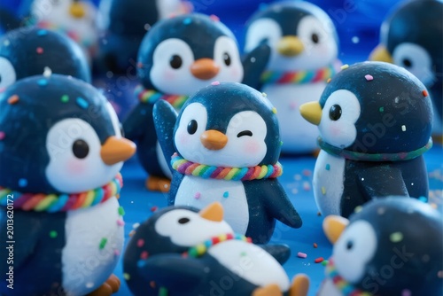 Adorable penguin figurines with colorful scarves and sprinkles on a blue background