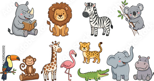 Photography Adorable Safari and Jungle Animal Vector Set Featuring Reading Rhino, Lion, Zebr
