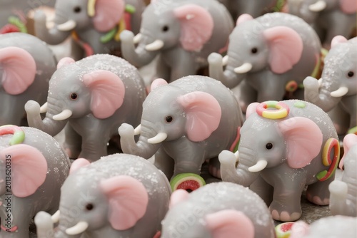 A collection of gray elephant figurines with pink ears and decorative elements