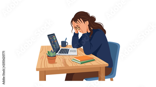A stressed woman programmer sits at a wooden desk with a laptop and a potted plant while holding her head in her hands inside a bright modern workspace.
