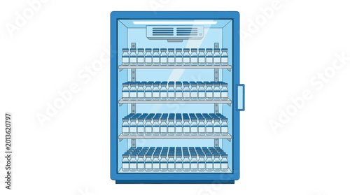 A commercial laboratory refrigerator filled with many organized medicine vials sits in a clean white space with a bright cool blue and cyan color scheme throughout.