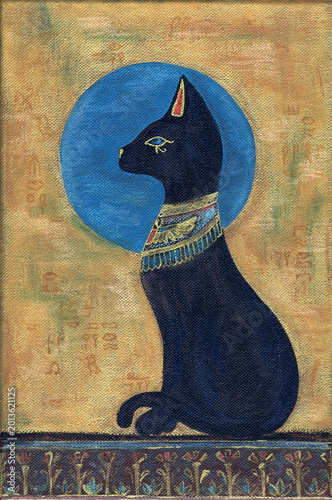 Egypt black cat with blue moon on the gold background. Hand painted illustration