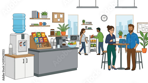 A communal office break area containing a snack station coffee machine and water dispenser with two coworkers standing at a high table in a bright room.