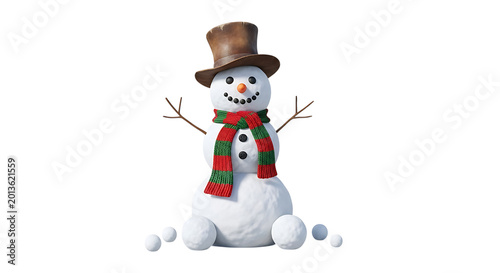 Cheerful snowman with top hat and scarf isolated on transparent background