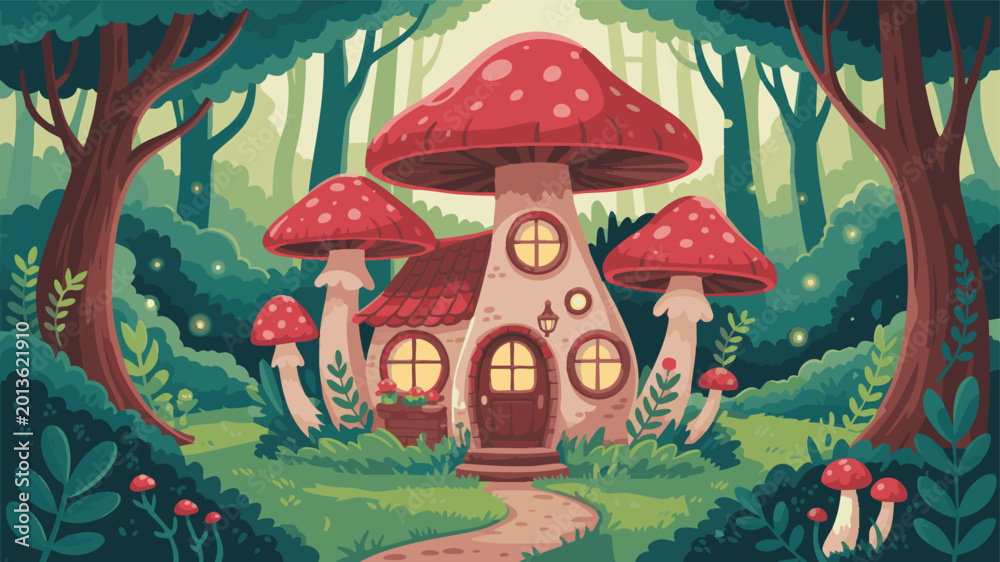 Obraz premium Cute fairy tale mushroom house standing in a magical green forest with many trees and plants in a colorful style Vector