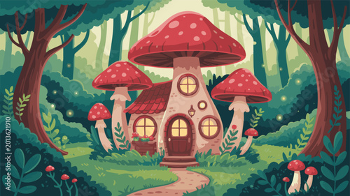 Картината върху платно Cute fairy tale mushroom house standing in a magical green forest with many tree
