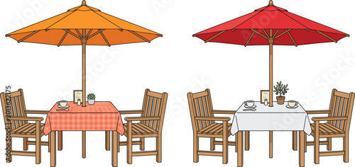 Fotografie Outdoor Dining Table Set with Colorful Umbrellas and Cozy Chairs for Restaurant