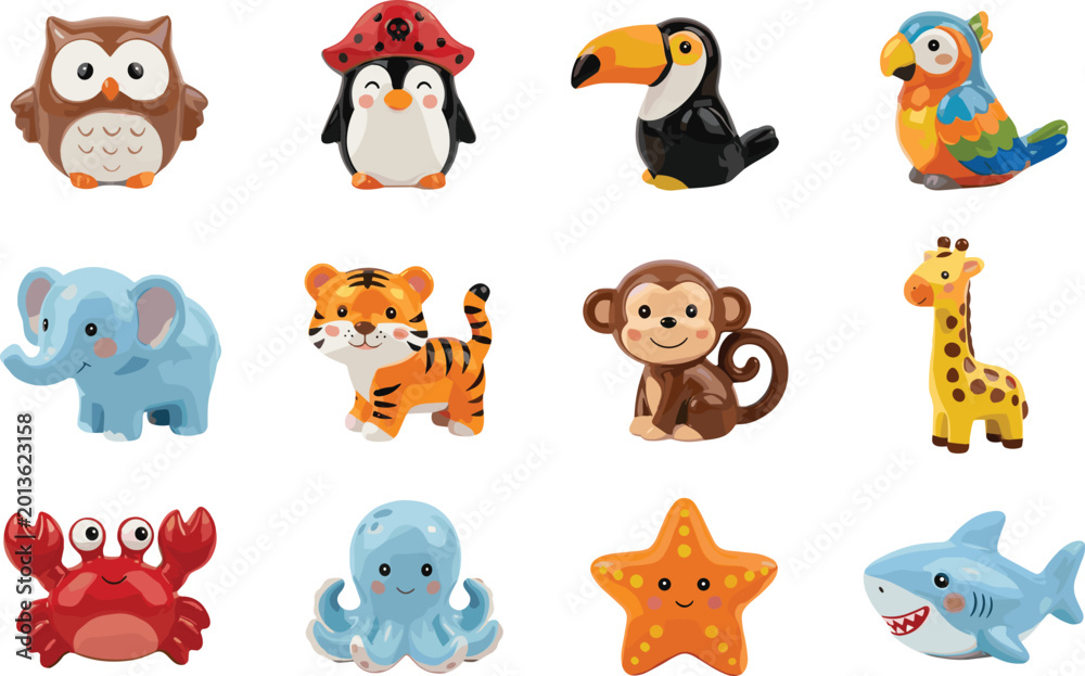 Fototapeta premium Adorable 3D Style Animal Vector Icon Set Featuring Jungle Safari and Marine Sea Creatures Including Tiger Elephant Monkey Penguin Shark and Octopus for Kids Designs