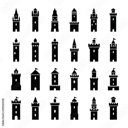 Quadro su tela Medieval Castle Towers Icons Set, Silhouette Fortress Buildings, Ancient Archite