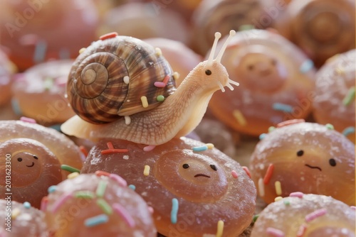 A snail with colorful sprinkles on its shell is crawling over donuts decorated with faces and sprinkles.