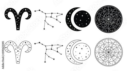 Foto Aries zodiac sign, constellation, moon and star map celestial symbols set astrol