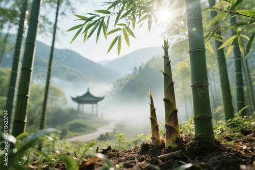 Bamboo forest with emerging shoots and a traditional pavilion in the misty background