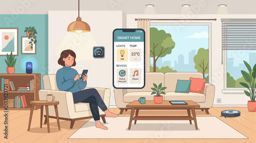 Woman controlling smart home devices remotely using a smartphone app with a clean, modern living room interior in the background, featuring a robot vacuum cleaner