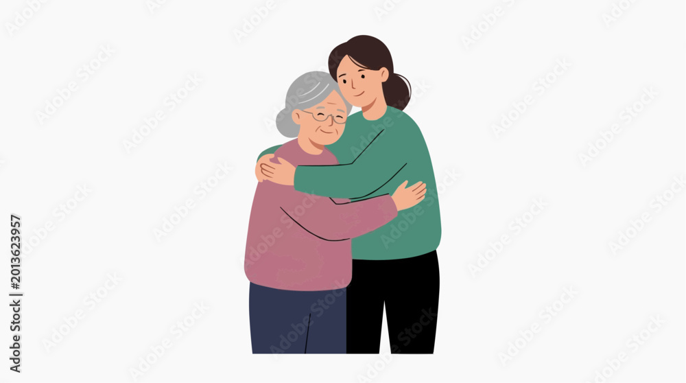 Fototapeta premium Supportive adult daughter embracing elderly mother at home, symbolizing family care, wellbeing, trust, and stress relief in modern life