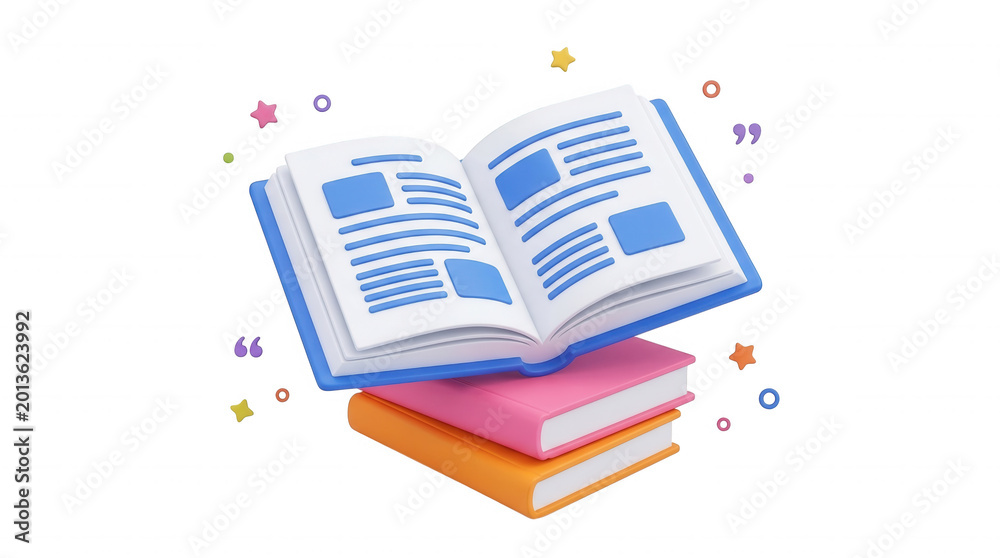 Naklejka premium 3d render of an open book resting on a stack of two closed books, surrounded by floating decorative elements like stars and quotation marks, isolated on transparent background