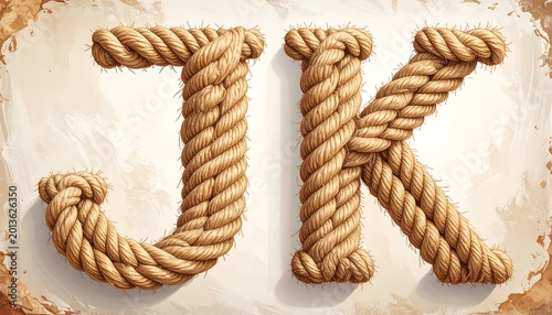 Rope letters 'J' and 'K' on aged paper, forming nautical-themed initials