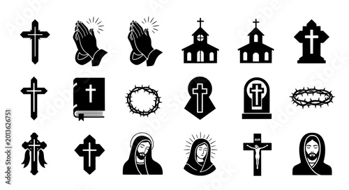 Christian symbols set with crosses, churches, and religious icons featuring religion, faith, spirituality with prayer and hands elements for church,
