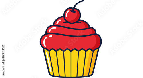 Obraz na plátne Sweet cupcake with red frosting and cherry on top, cartoon style
