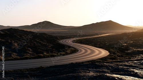 Winding asphalt road through dark volcanic lava fields under warm golden hour light adventure travel