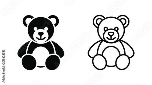 Teddy bear toy icon for baby and childhood concept in black solid and thin line vector set.