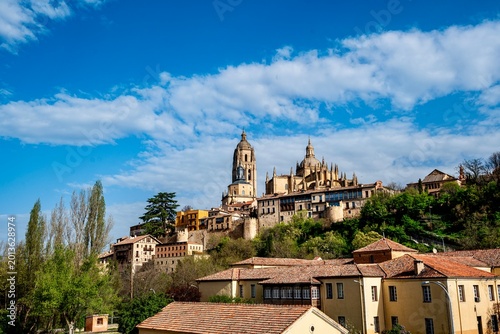 The area within the city walls around the castles and churches of the fortified city of Segovia in Spain on a spring weekday