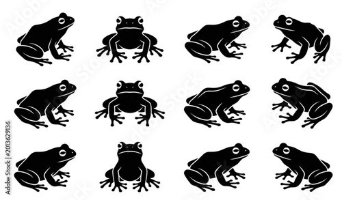 Foto Black frog silhouette assortment vector amphibian poses collection isolated on w