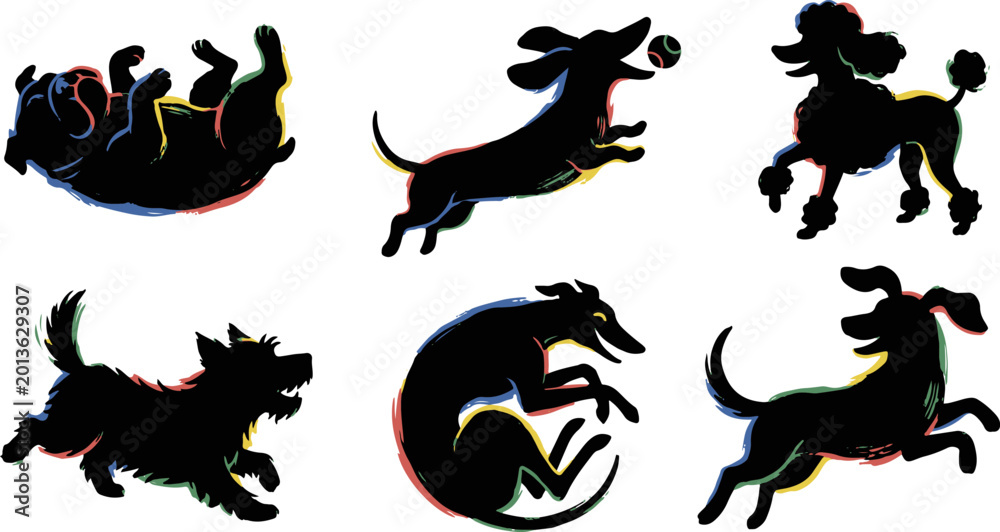 Fototapeta premium Six playful dog silhouettes with colorful brushstroke accents