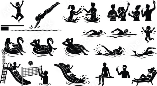 Fotografie Black and white swimming and pool activities icons isolated on white background,